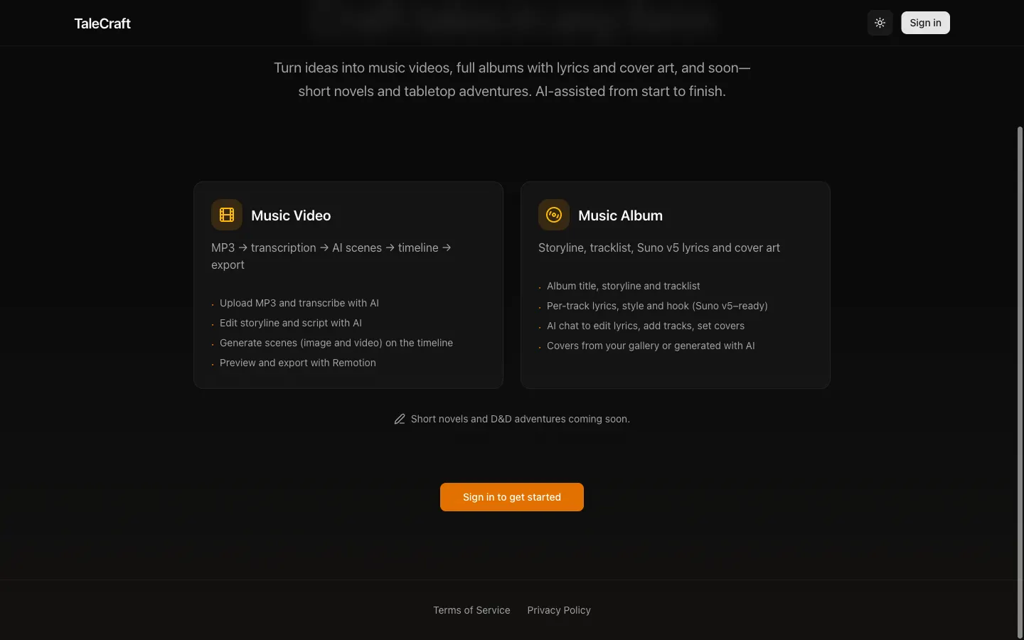TaleCraft music video and album feature cards