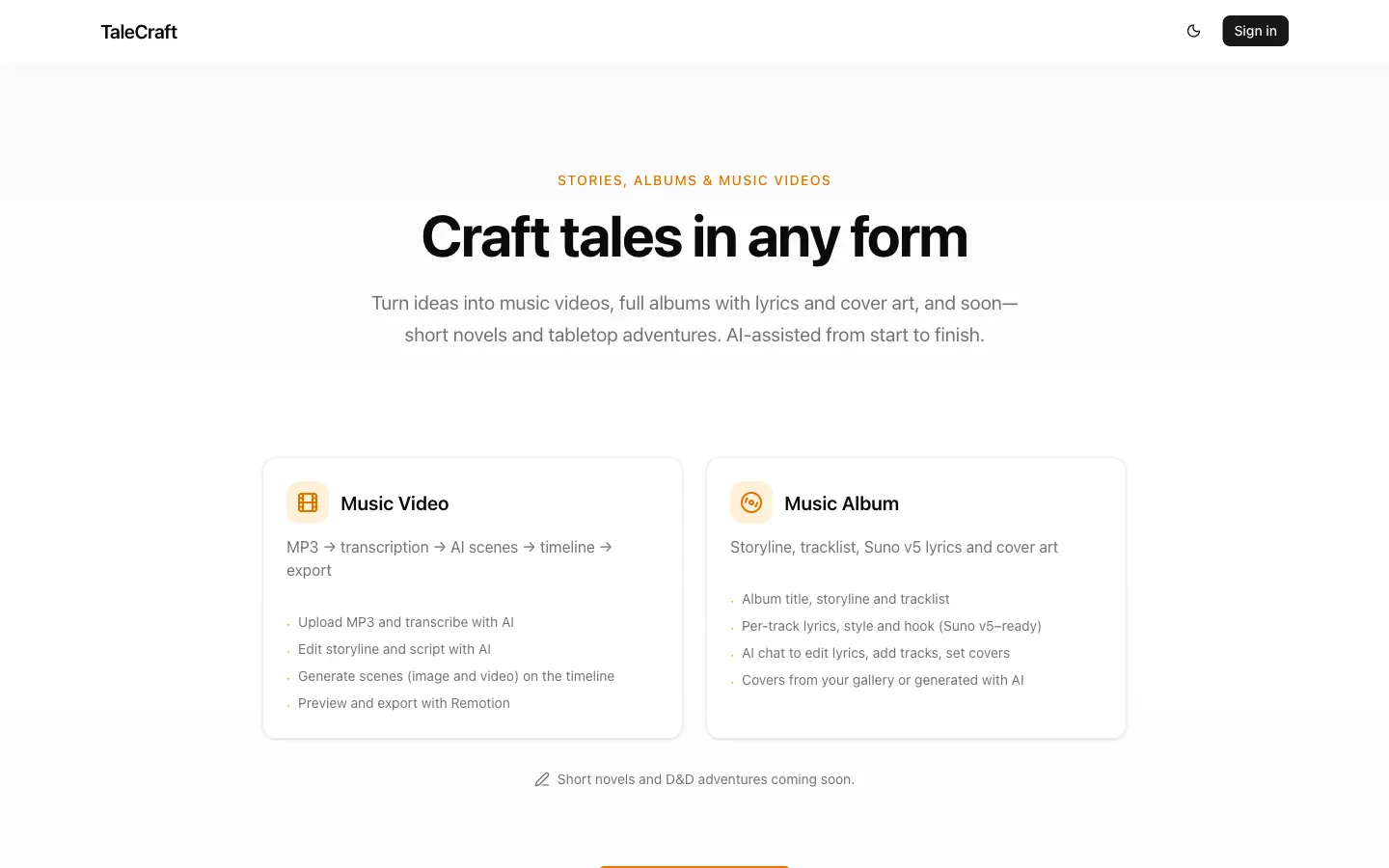 TaleCraft homepage in light mode